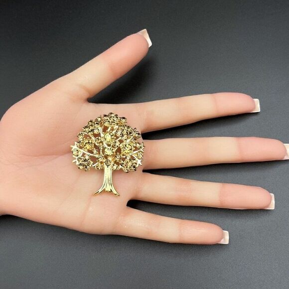 Yellow Gold with Champagne Topaz Crystal Blooming Tree Pin Back Brooch - Picture 9 of 9